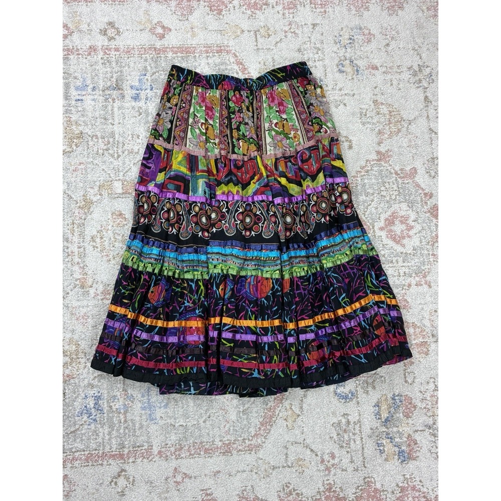90's Vintage Boho Patchwork Maxi Skirt Tiered Ribbon Gypsy Style L 100% Cotton